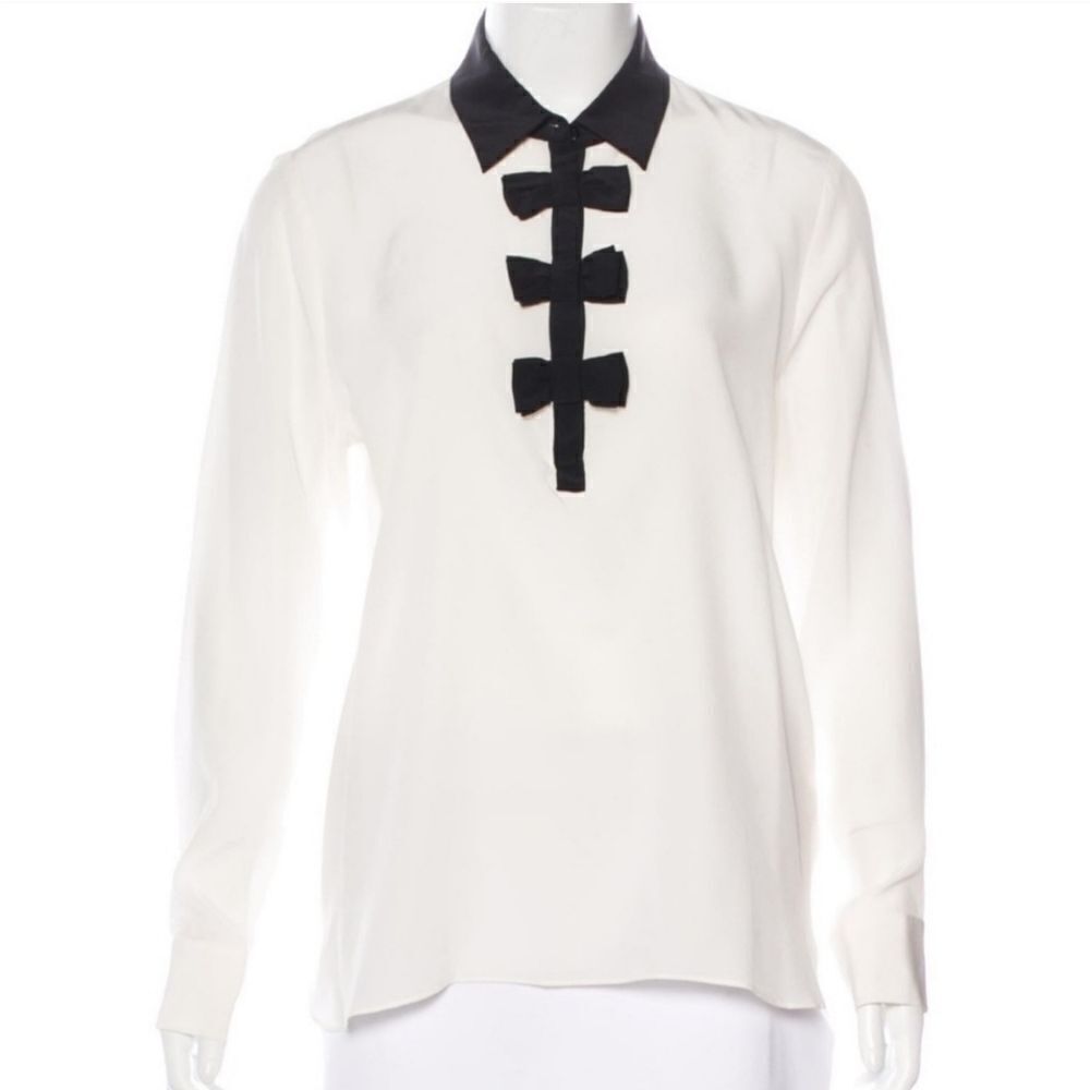 Kate Spade Bow Placket 100% Silk Long Sleeve Go Fly a Kite Collared Blouse Top S - Picture 2 of 9
